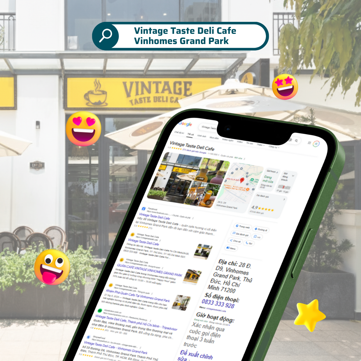 Giao diện Google hiển thị kết quả top đầu của Vintage Taste Deli Cafe tại Vinhomes Grand Park.