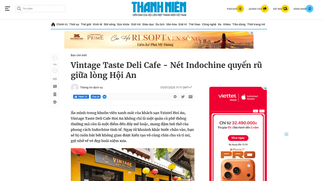 BÀI BOOK BÁO THỰC TẾ VỀ VINTAGE TASTE DELI CAFE TRÊN BÁO THANH NIÊN DO BONET AGENCY TRIỂN KHAI
